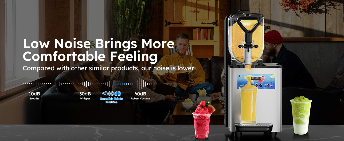 Mojgar Pro 3L Slush Machine operates at <40dB, ensuring a quieter environment compared to similar products. Ideal for home, cafés, and bars, providing a noise-free experience while delivering smooth, refreshing frozen drinks.